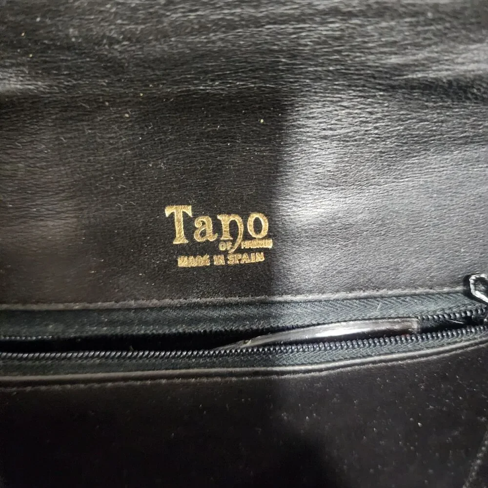 Vintage Tano Black Leather Top Handle Handbag Gold Hardware Made in Spain‎